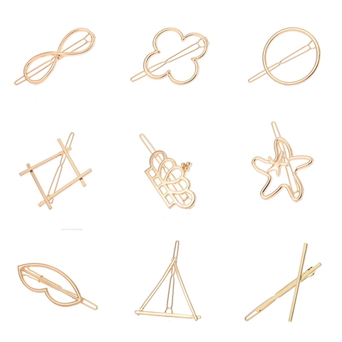 Pince à Cheveux Géométrique Creuse en Alliage Minimaliste Coréen pour Femmes Or Argent Lune Étoile Nœud Cœur Infini Forme Épingle à Cheveux Accessoire Mode