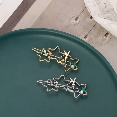 Molletta per Capelli Vintage a Stella Con Strass Verde e Perla Artificiale Fata Clip Laterale Oro Argento Metallo Accessori