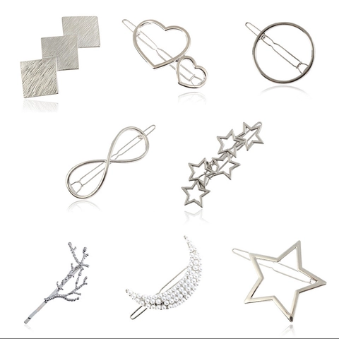 Set di 9 Mollette per Capelli in Metallo Minimalista da Donna Oro Argento Lega Forcina Geometrica Stella Luna Cuore Spazzolato Perla Artificiale Accessori