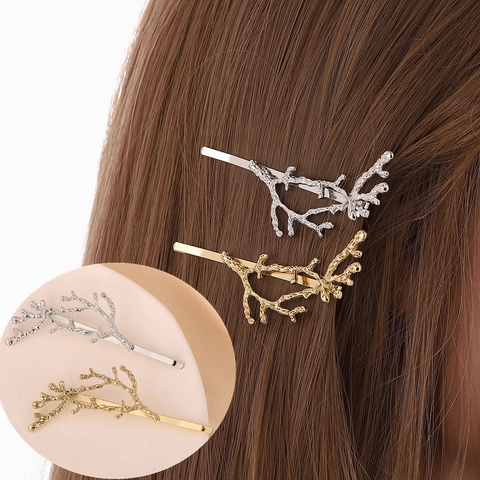 Simple Branch Design Alloy Hair Clips Metallic Nature Style Branch Shape Side Pins Gold Silver Hair Accessories For Women