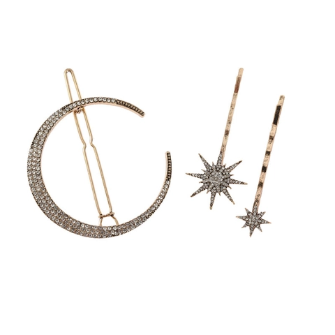 Vintage Alloy Rhinestone Hair Clip For Women Fashion Star Moon Pattern Shiny Gold Hairpins Elegant Hair Accessories Jewelry