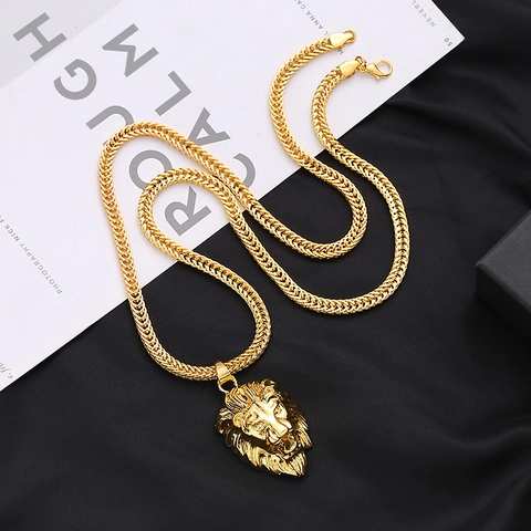 Hip Hop Lion Head Pendant Necklace For Men Women Gold Color Alloy 3D Animal Jewelry Punk Streetwear Wheat Chain Accessory