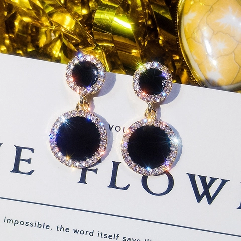 Alloy Black Drip Oil Round Drop Earrings With 925 Sterling Silver Earring Post Elegant Rhinestone Geometric Jewelry For Women