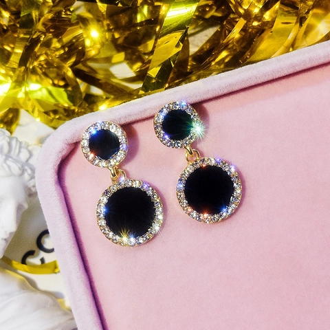 Alloy Black Drip Oil Round Drop Earrings With 925 Sterling Silver Earring Post Elegant Rhinestone Geometric Jewelry For Women