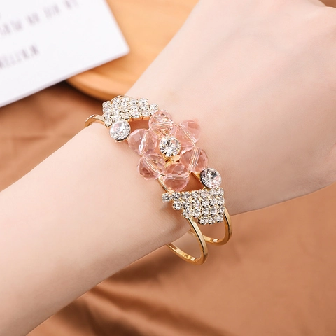 Western Fashion Rhinestone Bangle For Women Double Layer Flower Crystal Bracelet Alloy Jewelry Gift For Party Wedding Accessory