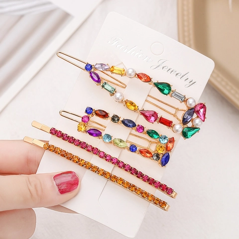 Vintage Gold Alloy Hair Clip Combination Multi-Color Rhinestones Artificial Pearl Hairpins For Women Party Hair Jewelry