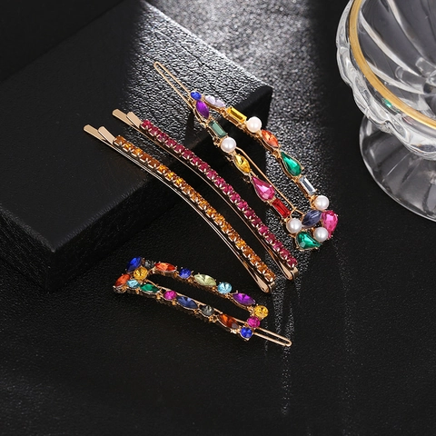 Vintage Gold Alloy Hair Clip Combination Multi-Color Rhinestones Artificial Pearl Hairpins For Women Party Hair Jewelry