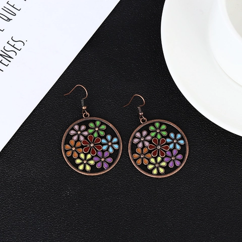Bohemian Vintage Hollow Round Alloy Flower Hook Earrings Multi-color Enamel Floral Earrings For Women Fashion Jewelry