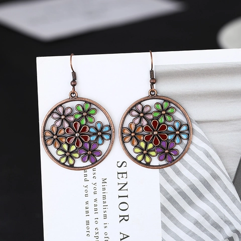 Bohemian Vintage Hollow Round Alloy Flower Hook Earrings Multi-color Enamel Floral Earrings For Women Fashion Jewelry