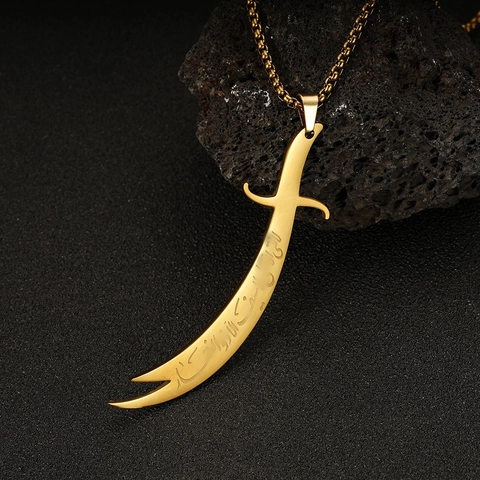 Vintage Zulfiqar Sword Pendant Necklace For Men Women Stainless Steel Arabic Calligraphy Islamic Jewelry Gold Silver Color Accessory