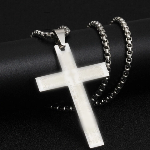 Collar con Colgante de Cruz Grabada del Padre Nuestro de Acero Inoxidable para Hombre Mujer Joyería Religiosa Cadena de Caja Industrial