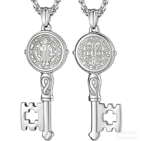 Collar con Colgante de Llave del Exorcista Medalla de San Benito de Acero Inoxidable Vintage para Hombres Mujeres Joyas Religiosas Retro Regalo