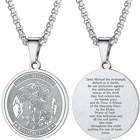 Collier Pendentif Médaille Saint Michel pour Hommes Femmes en Acier Inoxydable Religieux Archange Protection Pièce Prière Bijoux Cadeau