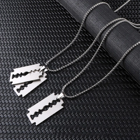 Punk Razor Blade Pendant Necklace For Men Women Titanium Stainless Steel Box Chain Brushed Industrial Style Jewelry
