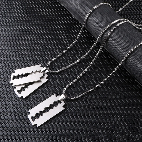 Punk Razor Blade Pendant Necklace For Men Women Titanium Stainless Steel Box Chain Brushed Industrial Style Jewelry