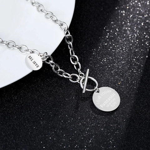 Stainless Steel Round Tag Letter Engraved Pendant Necklace OT Clasp Thick Chain Hip Hop Punk Jewelry For Women Men Gift
