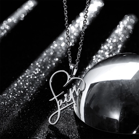 Minimalist Stainless Steel Hollow Heart Faith Letter Pendant Necklace For Women Elegant Simple Fashion Clavicle Chain Jewelry