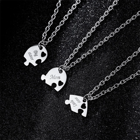 Stainless Steel Puzzle Heart Pendant Necklace For Mother Daughter Big Little Sister Personalized Family Jewelry Gift