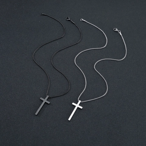 Collar Con Colgante de Cruz de Acero de Titanio para Hombres Mujeres Cadena de Caja Minimalista Vintage Negro Plata Joyería