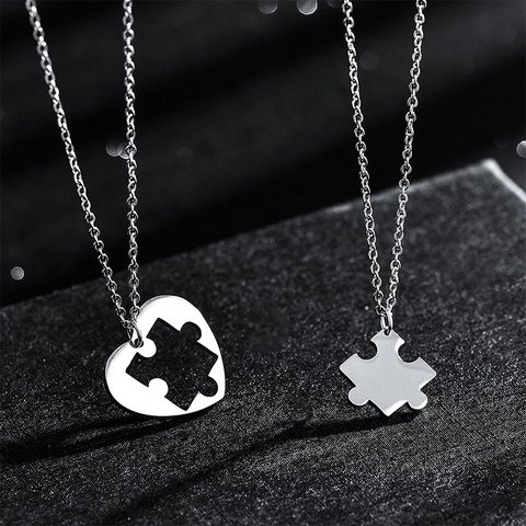 Minimalistische Edelstahl Herz Puzzle Passende Anhänger Halskette Für Paare Beste Freunde Silber Poliert Schmuck Geschenk