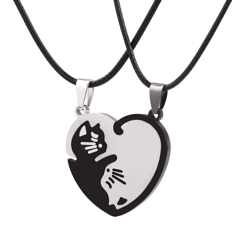 Pärchen Katzenherz Halskette Titanstahl Schwarz Weiß Kätzchen Umarmung Ineinandergreifende Anhänger Damen Herren Schmuck Geschenke