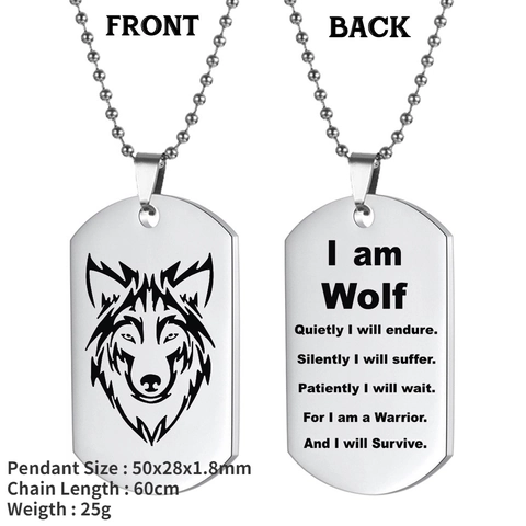 Minimalist Stainless Steel Wolf Head Dog Tag Necklace Double Sided Engraved Inspirational Quote Pendant Keychain Beaded Chain Jewelry