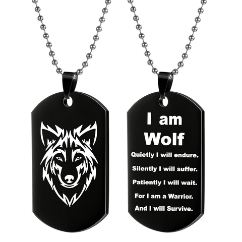 Minimalist Stainless Steel Wolf Head Dog Tag Necklace Double Sided Engraved Inspirational Quote Pendant Keychain Beaded Chain Jewelry