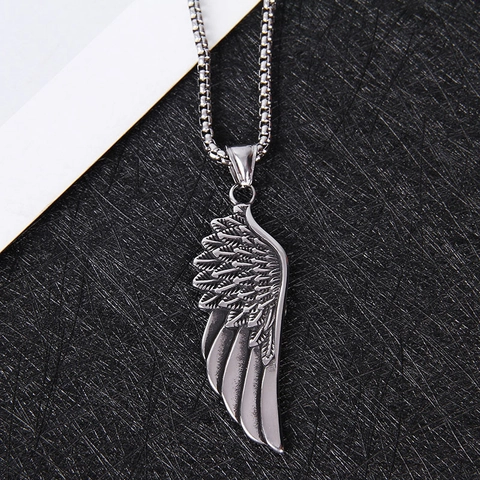Vintage Angel Wing Feather Pendant Necklace Titanium Steel Box Chain Alloy Jewelry For Men Women Punk Hip Hop Style