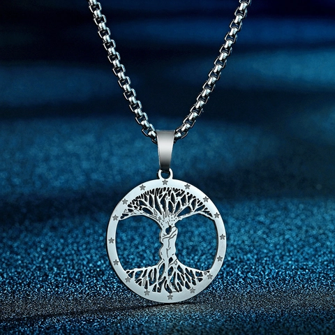 Collar de Colgante de Árbol de la Vida de Acero Inoxidable 316L Pareja Abrazándose Joyería Redonda Estrella para Mujeres Hombres Oro Plata