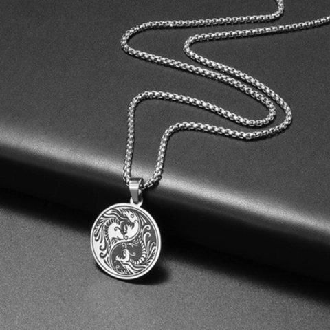 Collana con Pendente Drago Yin Yang in Acciaio Inossidabile Vintage Hip Hop Nero Bianco Tai Chi Medaglione Circolare Gioielli Unisex