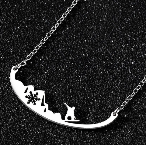 Collar De Acero Inoxidable Con Colgante De Copo De Nieve Montaña Esquiador Diseño Hueco Joyería De Deporte De Invierno Para Mujer