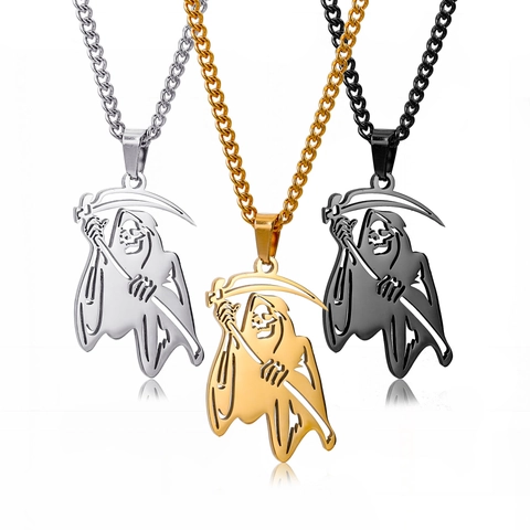 Collar con Colgante de la Parca de Acero Inoxidable Gótico para Hombre Mujer Hip Hop Calavera Hueca Fantasma Parca Amuleto Joyería Regalo de Halloween