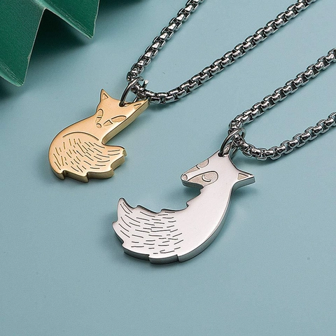 Edelstahl Ineinandergreifende Fuchs Paar Halskette Tier Anhänger Mit Schlangenkette Gold Silber Ton Mode Schmuck Für Liebhaber Geschenk