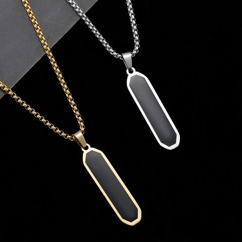 Minimalist Stainless Steel Geometric Bar Pendant Necklace For Men Women Black Enamel Inlay Industrial Style Unisex Jewelry