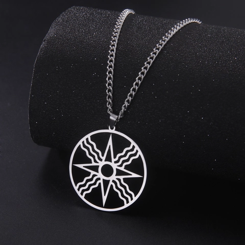 Collana con Pendente Stella di Shamash in Acciaio Inossidabile per Uomo Donna Medaglione Dio del Sole Tondo Oro Argento