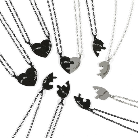 Stainless Steel Heart Puzzle Necklace For Family Father Mother Son Daughter Brother Sister Black Silver Engraved Pendant Jewelry
