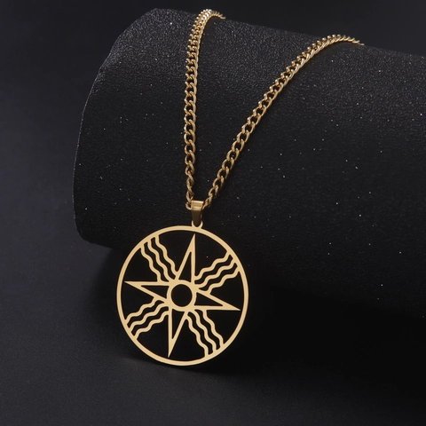 Collana con Pendente Stella di Shamash in Acciaio Inossidabile per Uomo Donna Medaglione Dio del Sole Tondo Oro Argento