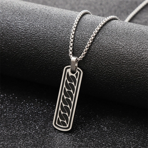Men's Minimalist Stainless Steel Rectangular Pendant Necklace With Black Enamel Pattern Fashion Hip Hop Jewelry For Men
