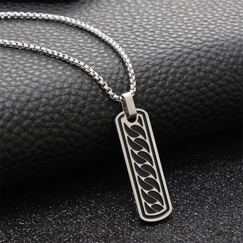 Men's Minimalist Stainless Steel Rectangular Pendant Necklace With Black Enamel Pattern Fashion Hip Hop Jewelry For Men