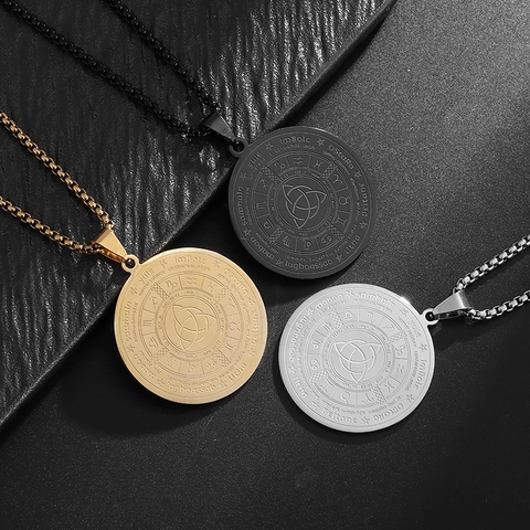 Vintage Stainless Steel Celtic Knot Pendant Necklace Wheel Of The Year Zodiac Sign Round Medallion Jewelry For Men Women