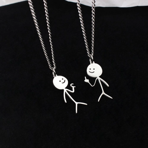 Collana con Pendente Omino Stilizzato in Acciaio Inossidabile Lucido Cuore Medio Dito Gioielli di Coppia Uomo Donna
