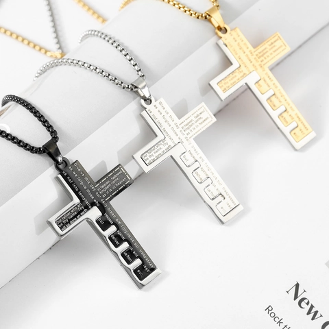 Collar con Colgante de Cruz del Padre Nuestro de Acero Inoxidable Joyería Religiosa Cristiana Grabada para Hombres Mujeres Regalo