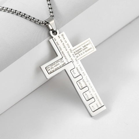 Collar con Colgante de Cruz del Padre Nuestro de Acero Inoxidable Joyería Religiosa Cristiana Grabada para Hombres Mujeres Regalo