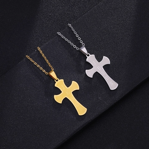 Roestvrijstalen Jezus Kruis Hanger Halsketting Voor Mannen Vrouwen Religieus Goud Zilver Gegraveerde Kruis Hanger Sieraden
