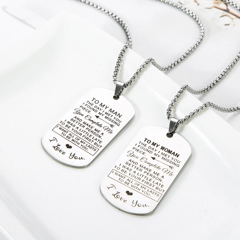 Collana con Targhetta in Acciaio Inossidabile Incisa To My Man Woman Lettera Cuore Pendente Gioielli Coppia Regalo