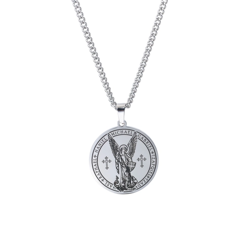 Collar con Colgante de Arcángel San Miguel de Acero Inoxidable Vintage para Hombre Mujer Joyería de Amuleto Redondo Religioso Retro