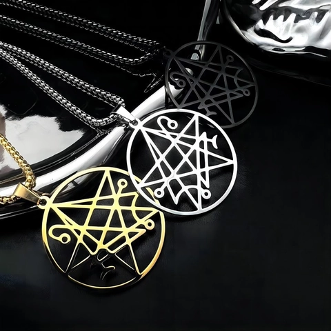 Collar con Colgante de Símbolo Oculto Satánico de Acero Inoxidable para Hombre Mujer Gótico Punk Redondo Hueco Geométrico Joyería