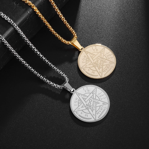 Collar Con Colgante De Pentagrama Tetragrammaton De Acero Inoxidable Para Hombres Mujeres Estilo Hip Hop Punk Joyería De Medalla Redonda