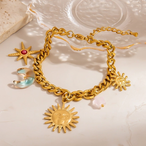 Luxus Edelstahl Armband Mit Vielen Anhängern Für Damen Gold Vergoldet Sonne Mond Stern Cupido Herz Pilz Anhänger Modeschmuck