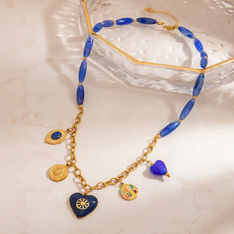 Collana con Ciondolo a Cuore Sole in Acciaio Inossidabile con Perline di Resina Blu Reale Gioielli Vintage Fatti a Mano per Donna